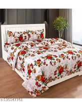 White poly cotton floral double bed sheet set, 90x90 inches with 2 pillow covers, 16x26 inches each